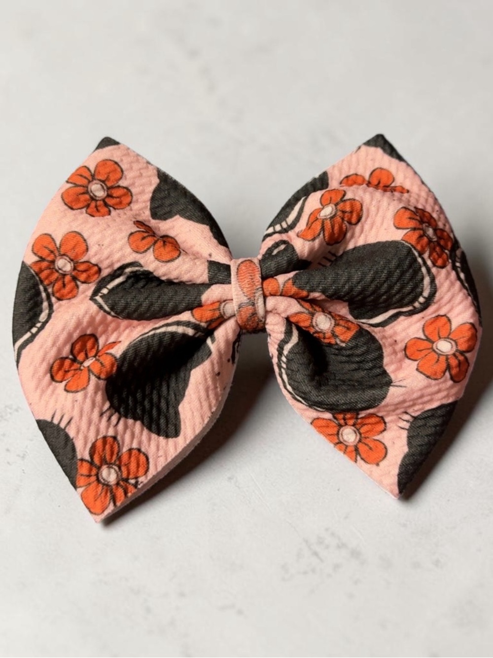 Pink Floral Bow Hair Clip - Orange & Black Flower Print Hello Kitty